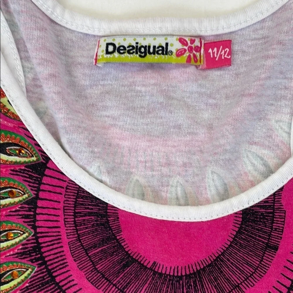 Desigual Girls Cotton Dress with Green and Pink Patterns 11/12